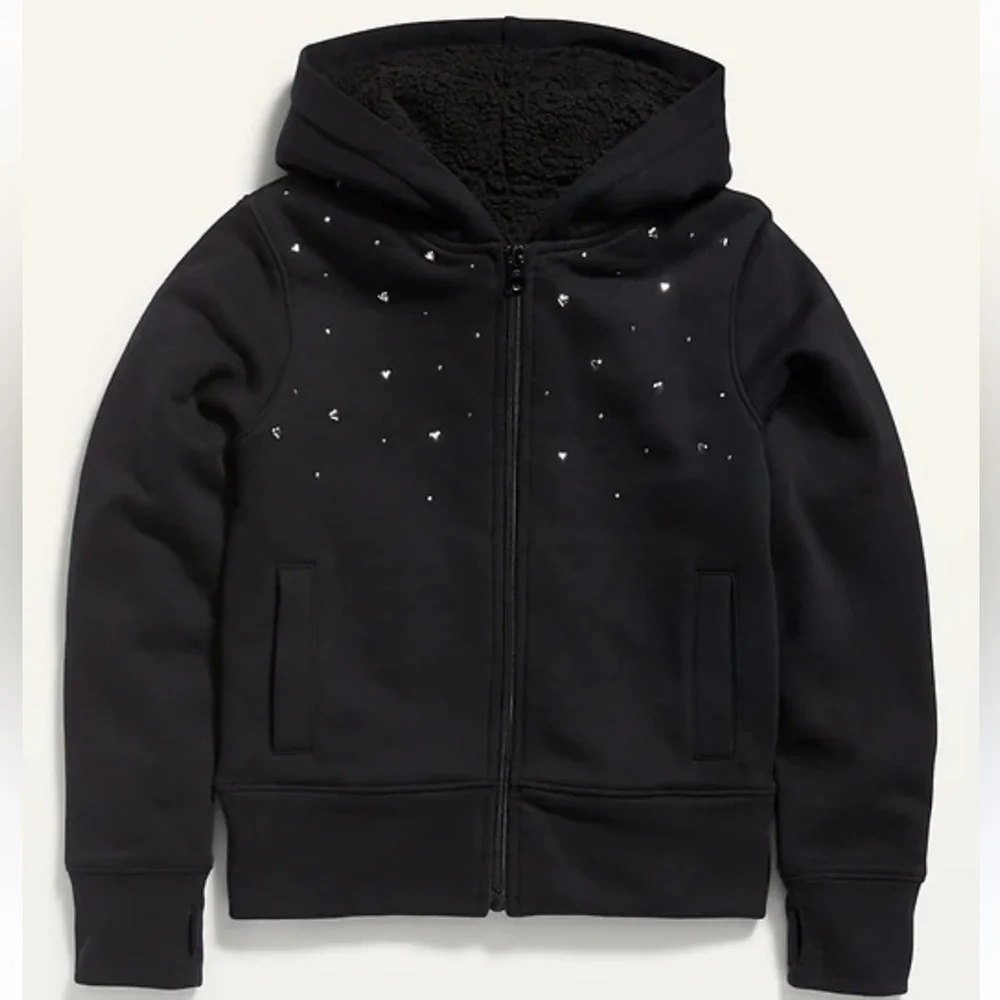Old Navy Girls Sherpa Lined Full‎ Zip Hoodie Small 6-7 Black with Silver Hearts